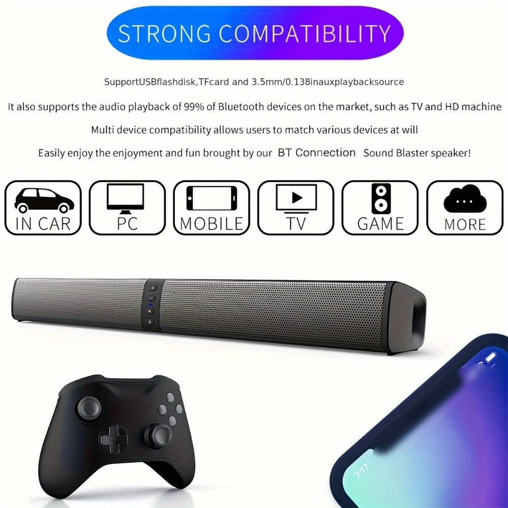 Sound Bar with 4 Subwoofers 20W Hi-Fi Wireless Surround Sound System Bluetooth 5.0 TWS Wall Mountable EQ Modes AUX USB TF FM for TV Computer Gaming Home Theater