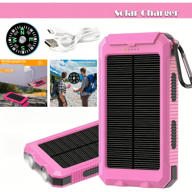 Hiking Solar Power Bank 10000mAh with Compass LED Flashlight & Carabiner Clip – Portable USB Charger for Camping Backpacking Travel Emergency Prep – Works with All Phones, Data Cable & Backpack Hook Included