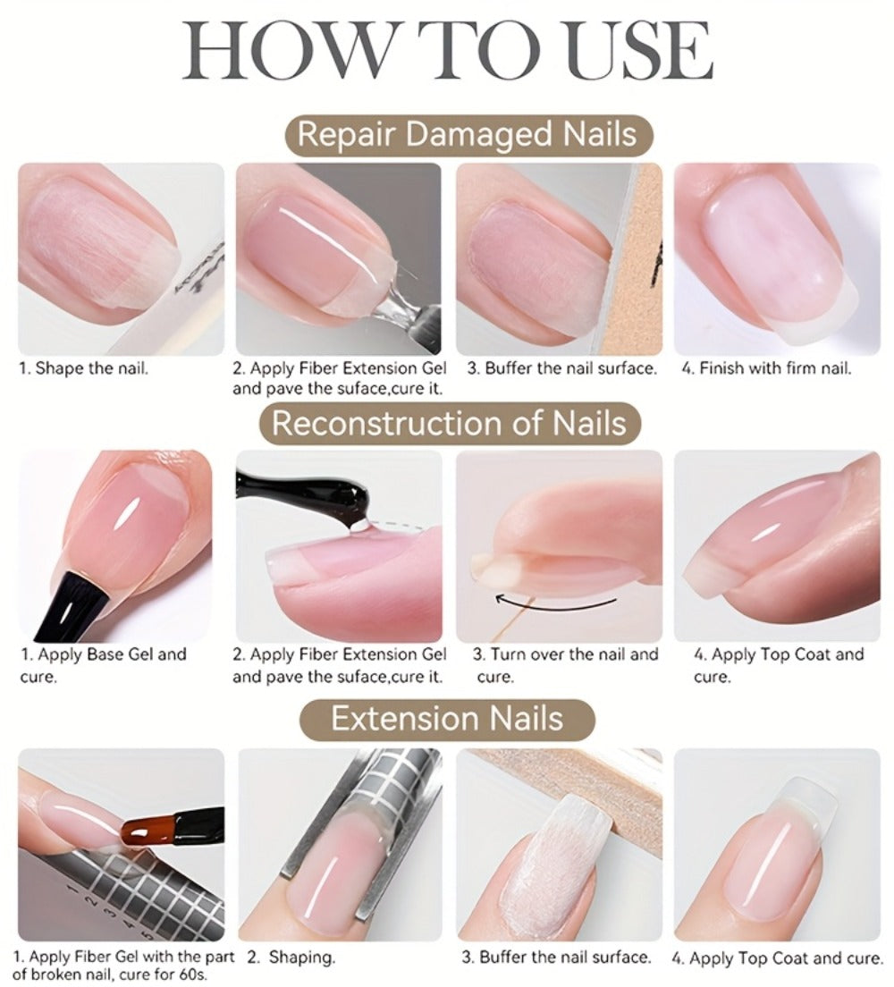 Nail Extension Builder Gel 3pcs - Fiberglass Construction Gel for Broken Nail Repair & Nail Extension, Clear UV LED Soak-Off Fiber Glass Gel Varnish, DIY Salon Nail Kit