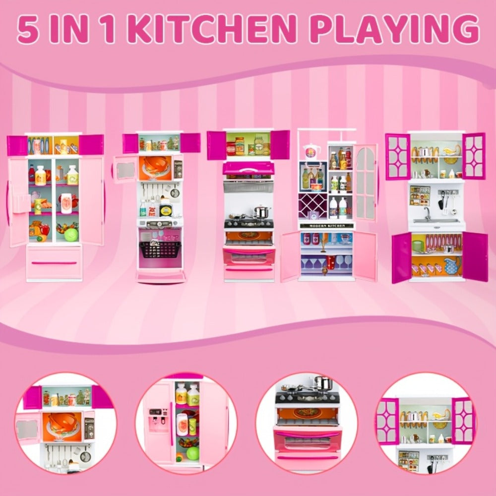 Pink Mini Kitchen Toy Set, 64-Piece Pretend Play with Lights and Sounds