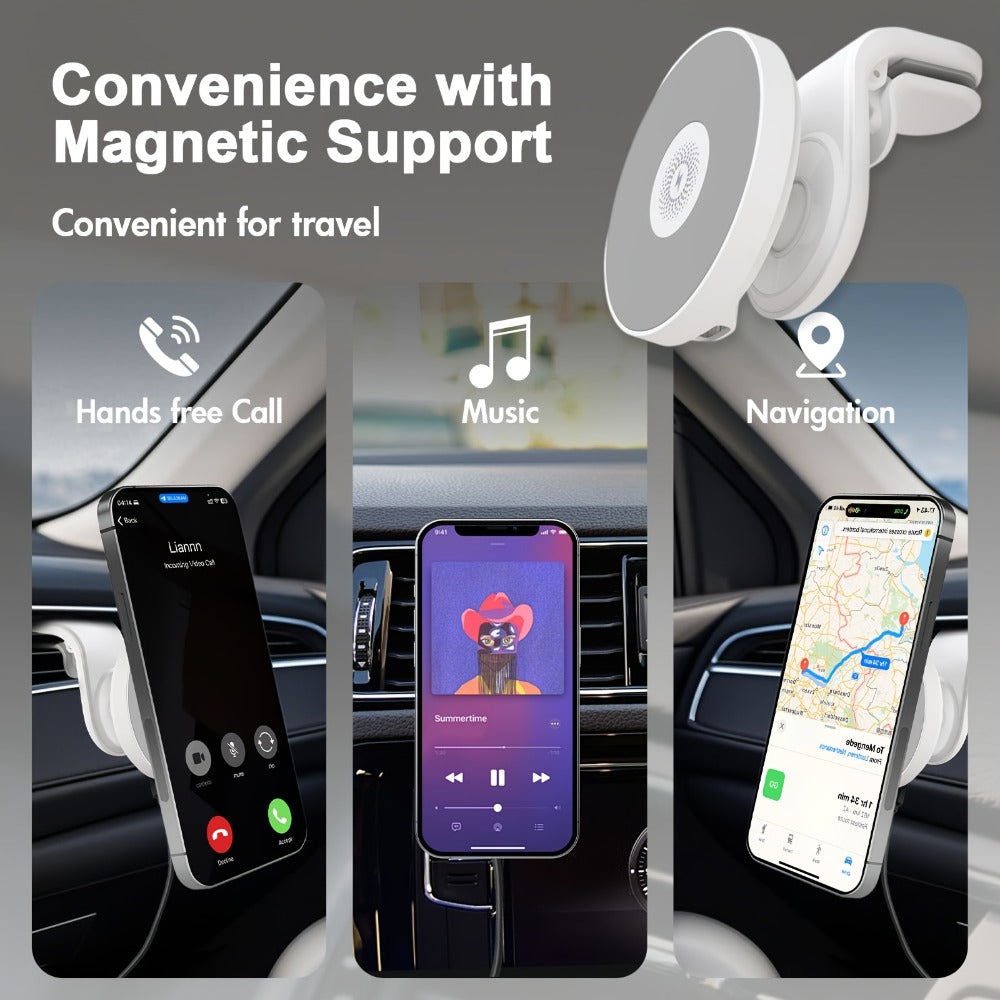 Magnetic Wireless Car Charger Mount 15W 360° Swivel Ball Joint Air Vent Holder for iPhone 17 17 Air 17 Pro Max 16 15 14 13 12 Series, Samsung Galaxy S24 S23 S22 & All Qi Devices – White