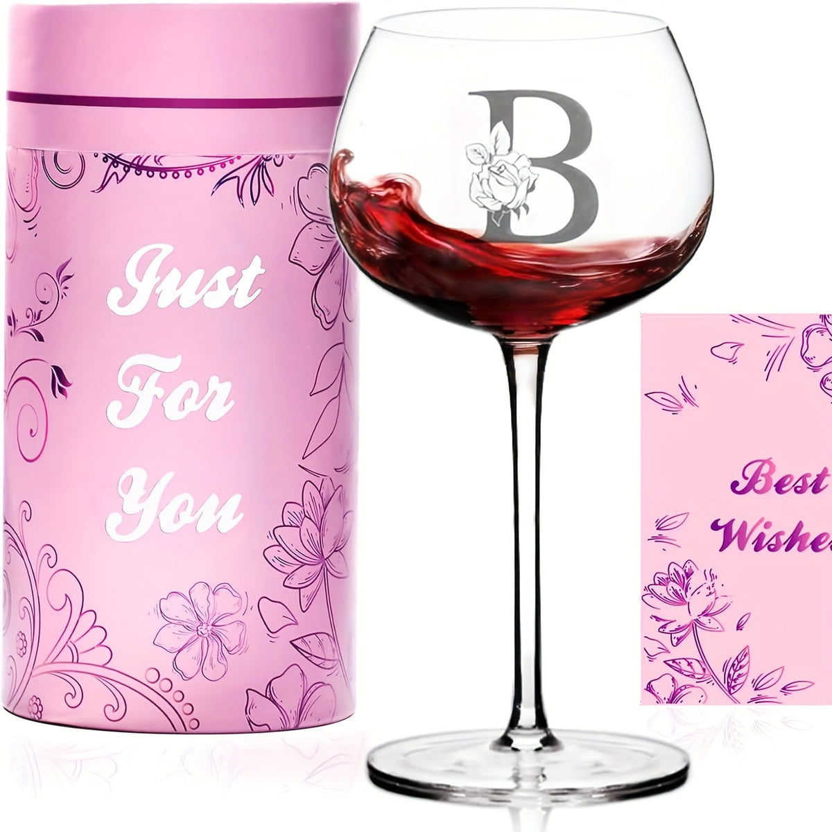 Personalized Wine Glass Gift for Women – A-Z Initial Letter Monogrammed Wine Glass with Gift Box & Greeting Card – Unique Birthday, Christmas & Mother's Day Gift for Mom, Best Friend & Sister