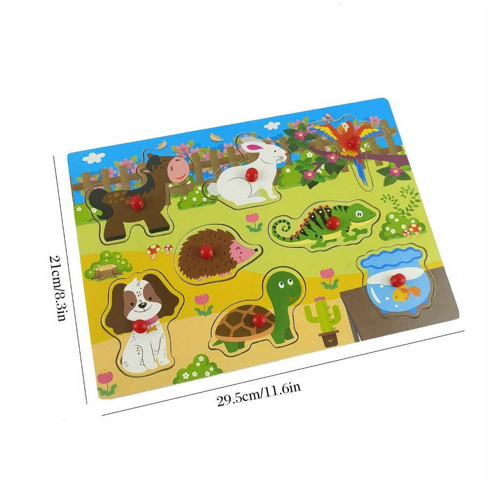 Wooden Peg Puzzles for Toddlers, Set of 4 Knob Puzzles in Farm, Zoo, Christmas & Halloween