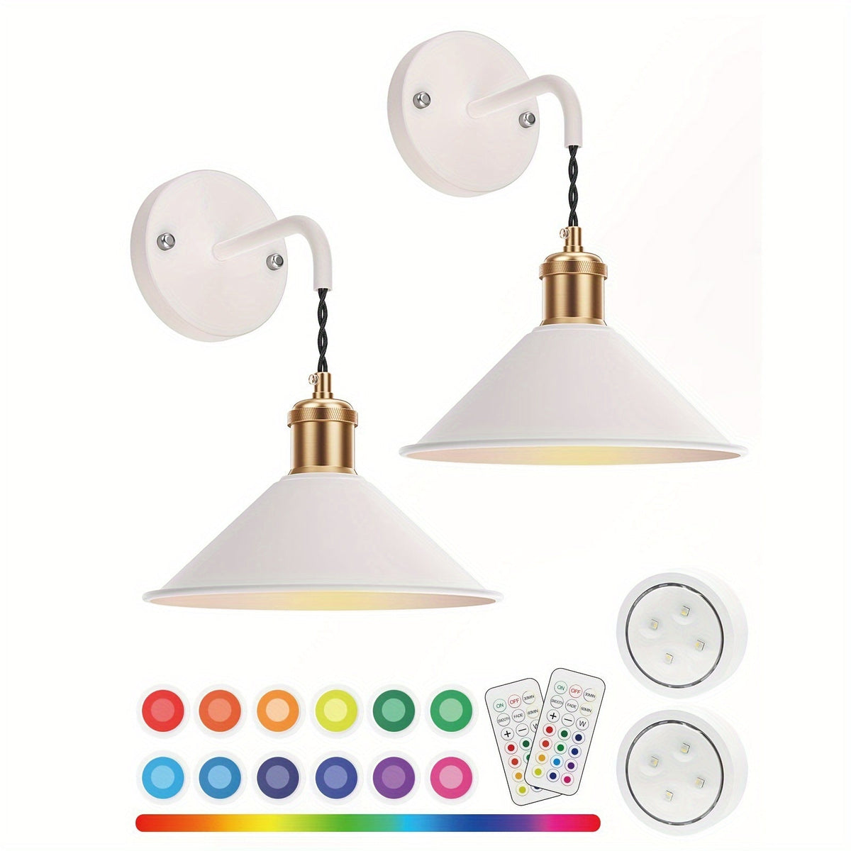 Battery Operated Wall Sconce Set of 2 – RGB Wireless Wall Light, Dimmable with Remote Control, 13 Scene Modes, Timer & Memory Function, No Wiring for Bedroom Living Room Hallway (Black / White)