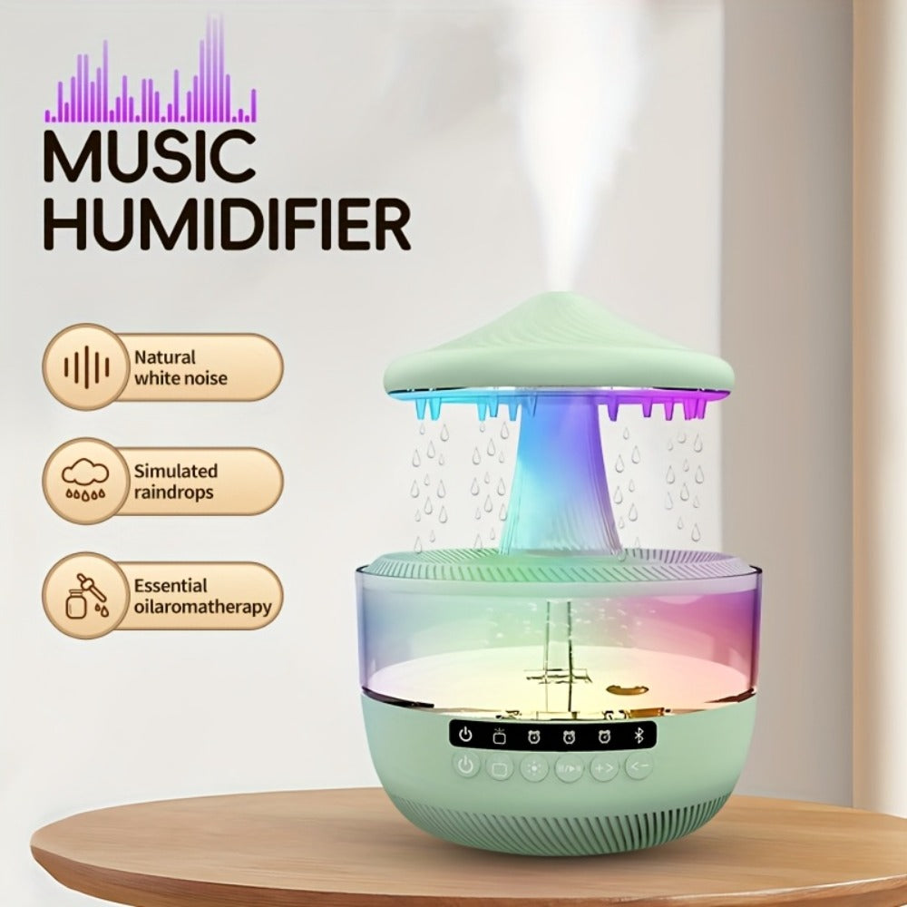 Raindrop Humidifier with LED Color-Changing Light & Wireless Music | 11.83oz Large Tank, Dual Control, Essential Oil Compatible, Cool Mist for Bedroom, Valentine's & Garden Decor | White