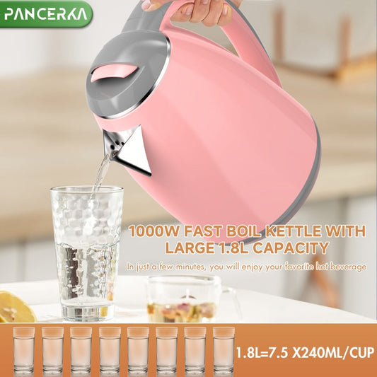 Electric Kettle, 1.8L Stainless Steel with Auto Shut-Off, Pink and White Options