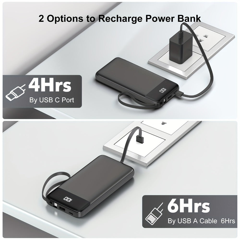 20000mAh Solar Power Bank with Built-in USB-C Cable 20W Fast Charging Portable Charger – Battery Pack for iPhone Android iPad Outdoor Travel Camping Hiking