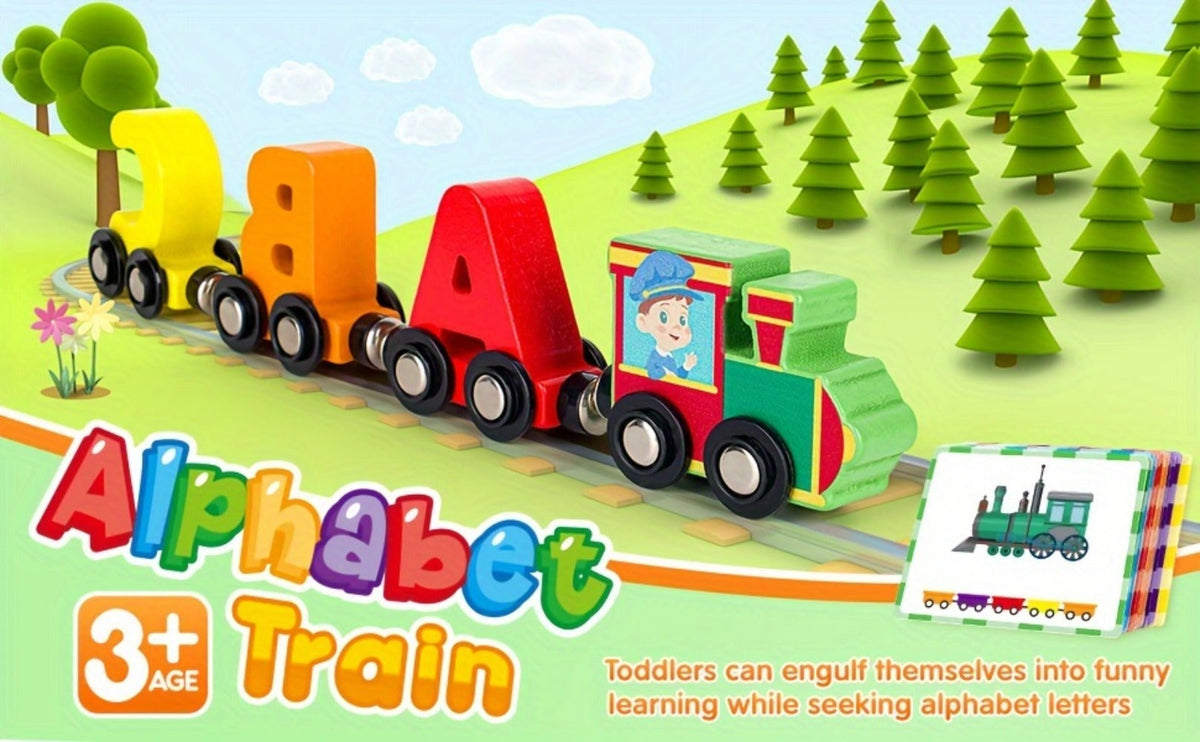 Wooden Alphabet Train Set, 27-Piece Magnetic ABC Letter Toy with 42 Flash Cards & Storage Bag