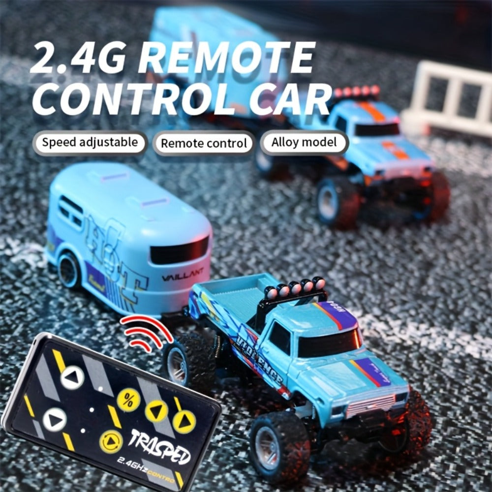 1:64 Mini RC Truck with Trailer and LED Lights, Green, Gray or Blue
