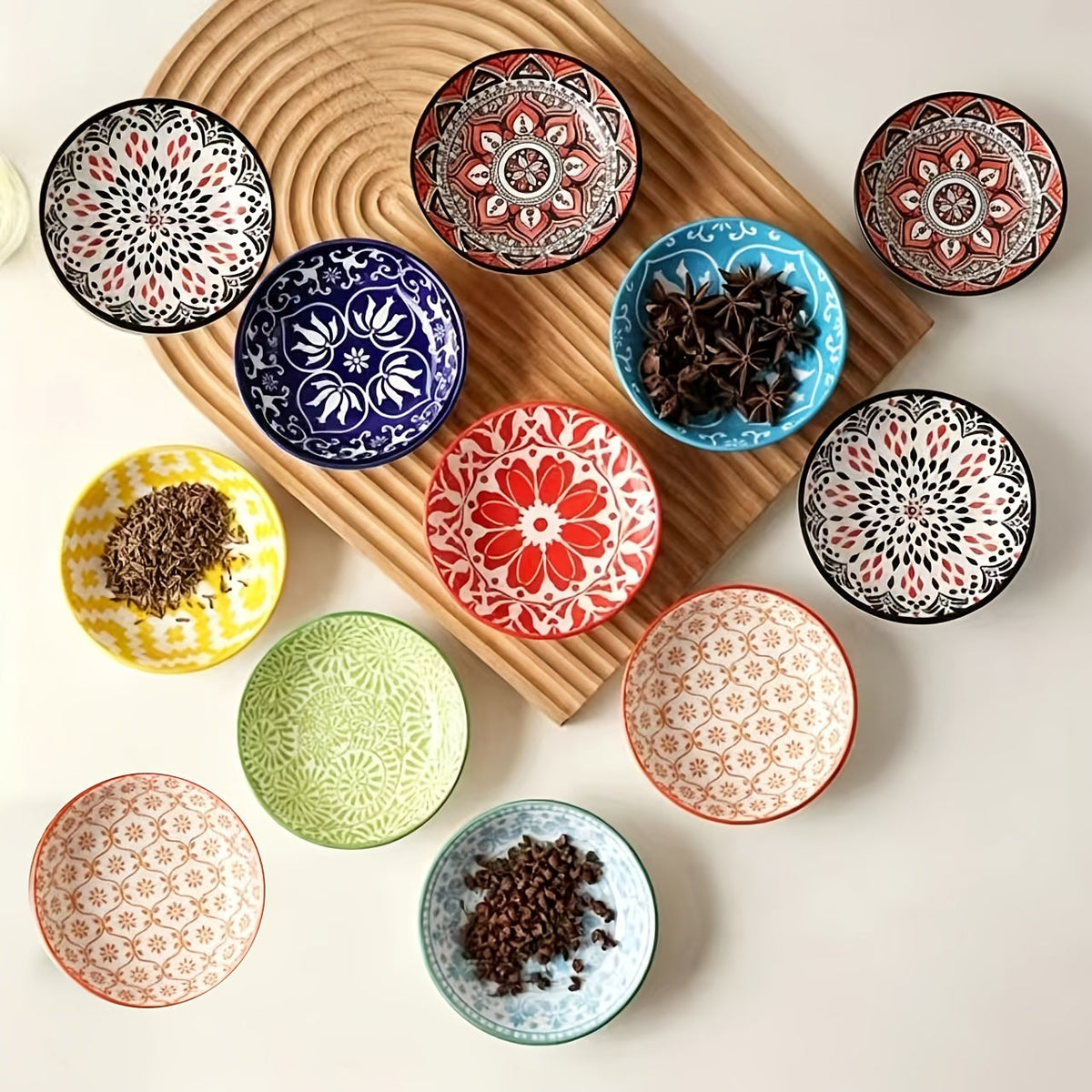 Dipping Sauce Dish Set 10/12 Piece Bohemian Ceramic – Colorful Small Plates for Soy Sauce Vinegar Spices Condiments Sushi Bar Restaurant Kitchen Party Boho Snack Seasoning Plate