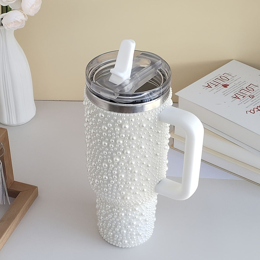 40oz Rhinestone Tumbler with Handle and Straw – Stainless Steel Double Wall Insulated Cup | Pearl Glitter Travel Mug for Sublimation Outdoor Sports Camping Holiday Gift