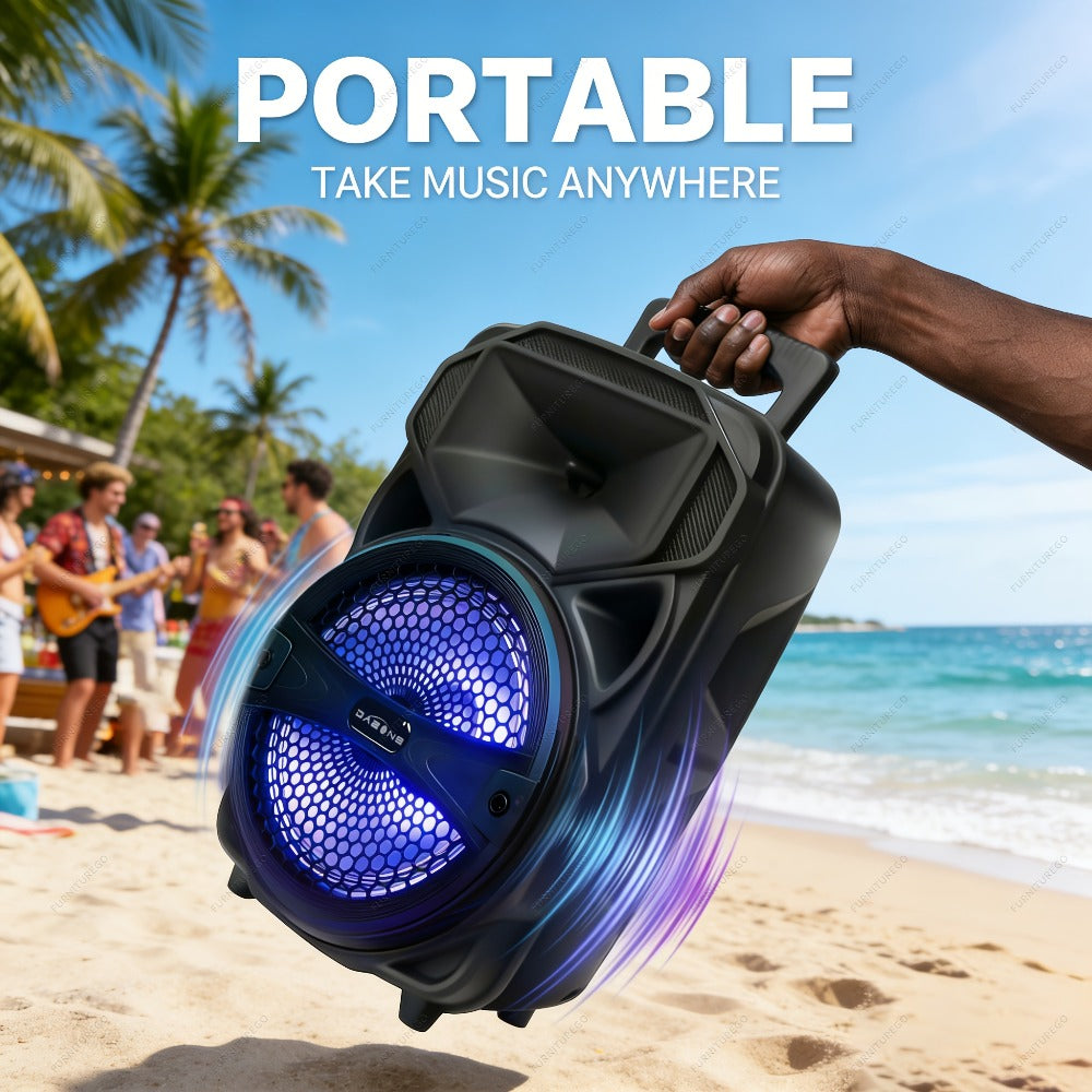 1000W Karaoke Machine with Wireless Bluetooth Party Speaker, 8-Inch Subwoofer, Loud Sound System, FM Radio, EQ Mode, Strobe Lights, Wired Microphone & Remote Control for Adults and Kids