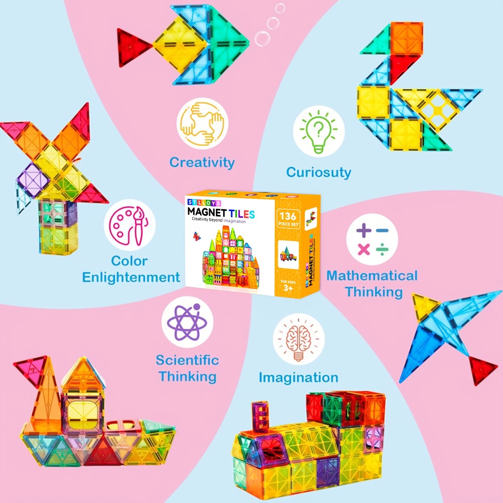 Clear Magnetic Tiles Building Set for Kids, 3D Magnet Blocks in 80, 106, 136 or 205 Pieces, Ages 3+
