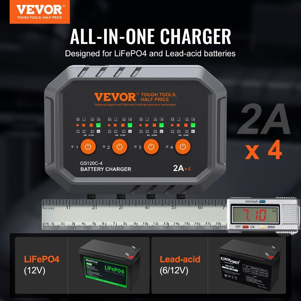 Smart Battery Charger 8A VEVOR Intelligent Charger & Maintainer for LiFePO4, AGM, Gel, SLA & Lead-Acid Batteries – 6V/12V Auto Charger for Car, Boat, Motorcycle, Lawn Mower & Golf Cart, 4-Bank Charging