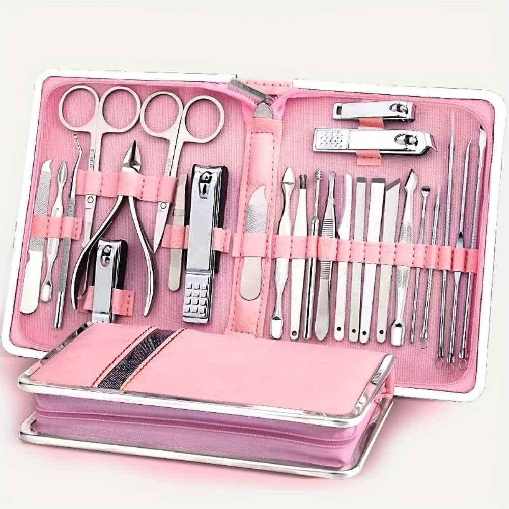 Manicure Pedicure Set 26pcs Pink Stainless Steel – Precision Nail Clippers Cuticle Nipper & Dead Skin Scissors 45° Blade Professional Grooming Kit for Women & Men, Elegant Gift Set Birthday Holiday