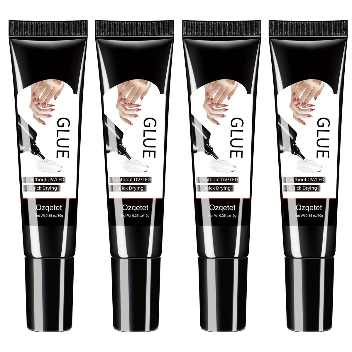 Quick-Dry Nail Glue 4-Pack Strong Hold Gel Formula — Press On Nail Adhesive for Acrylic Nails Gems Rhinestones Nail Art, Precision Tip Long Lasting Manicure Glue 10g Each
