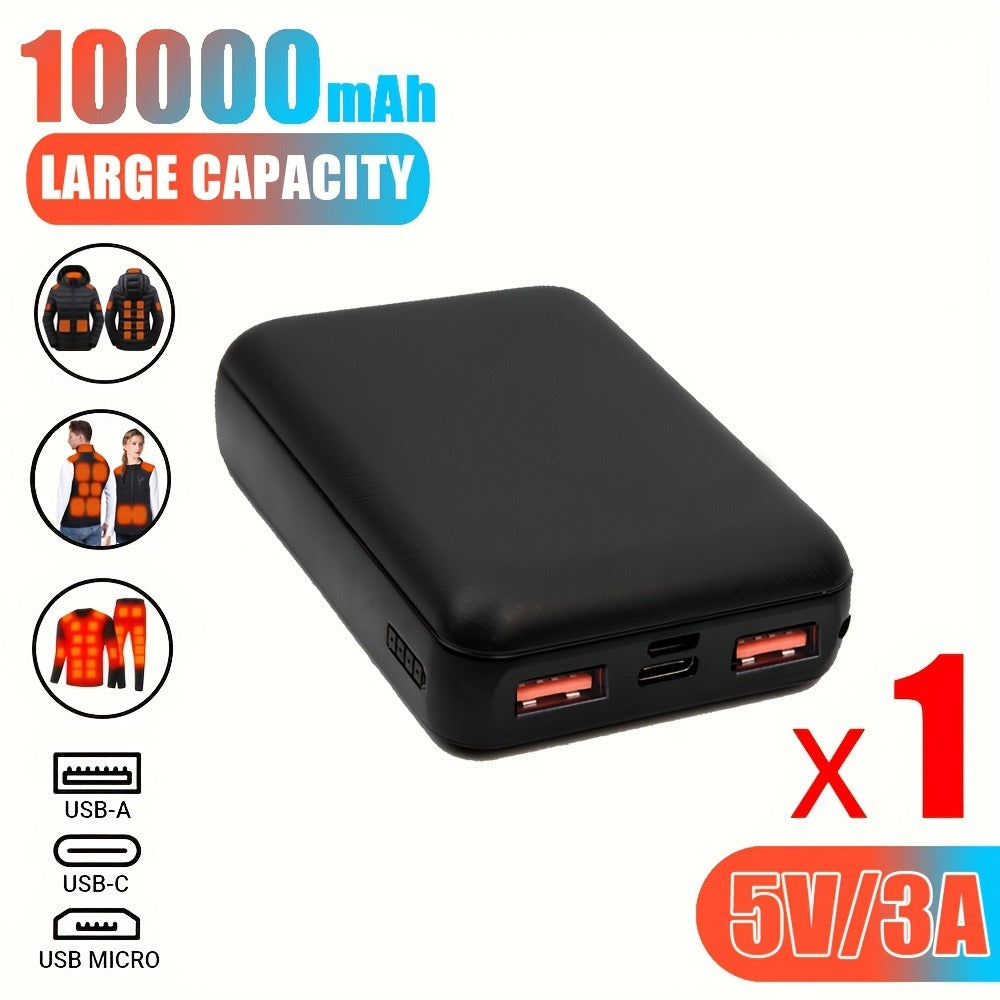 Dual USB Output Power Bank 10000mAh 5V 3A Polymer Lithium Rechargeable Battery Pack for Heated Clothing Heated Jacket Vest Hoodie Pants USB-C Micro Input LED Indicator Compact Portable Charger