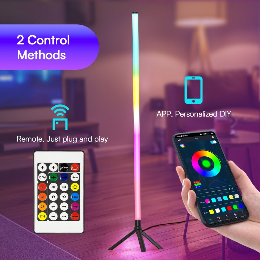 RGB Tube Floor Lamp 360° with Stand – App & 24-Key Remote Music Sync 16 Million Colors Dimmable Timer Mood Light for Bedroom Gaming Room DJ Studio Dance Club Party – 1/2 Pack