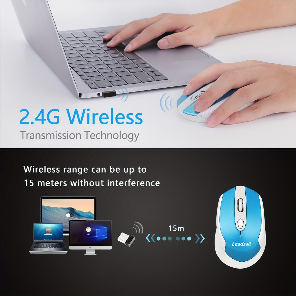 Wireless Ergonomic Mouse 2.4G USB – 6 Buttons, 3-Gear DPI 1200/1400/1600, Left-Side Shortcut Keys, Plug & Play for PC, Mac, Laptop, Office & Home | Dark Blue, Light Blue, Gold