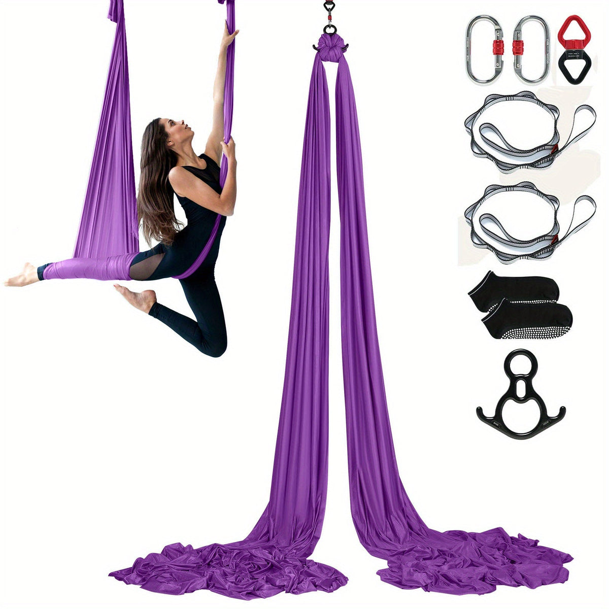 Aerial Yoga Hammock Kit 8.7 Yards – 100GSM Nylon Anti-Gravity Yoga Swing with Full Rigging Hardware, Aerial Silk for All Levels, Home & Studio Aerial Yoga Setup, Light Blue / Golden / Gradient