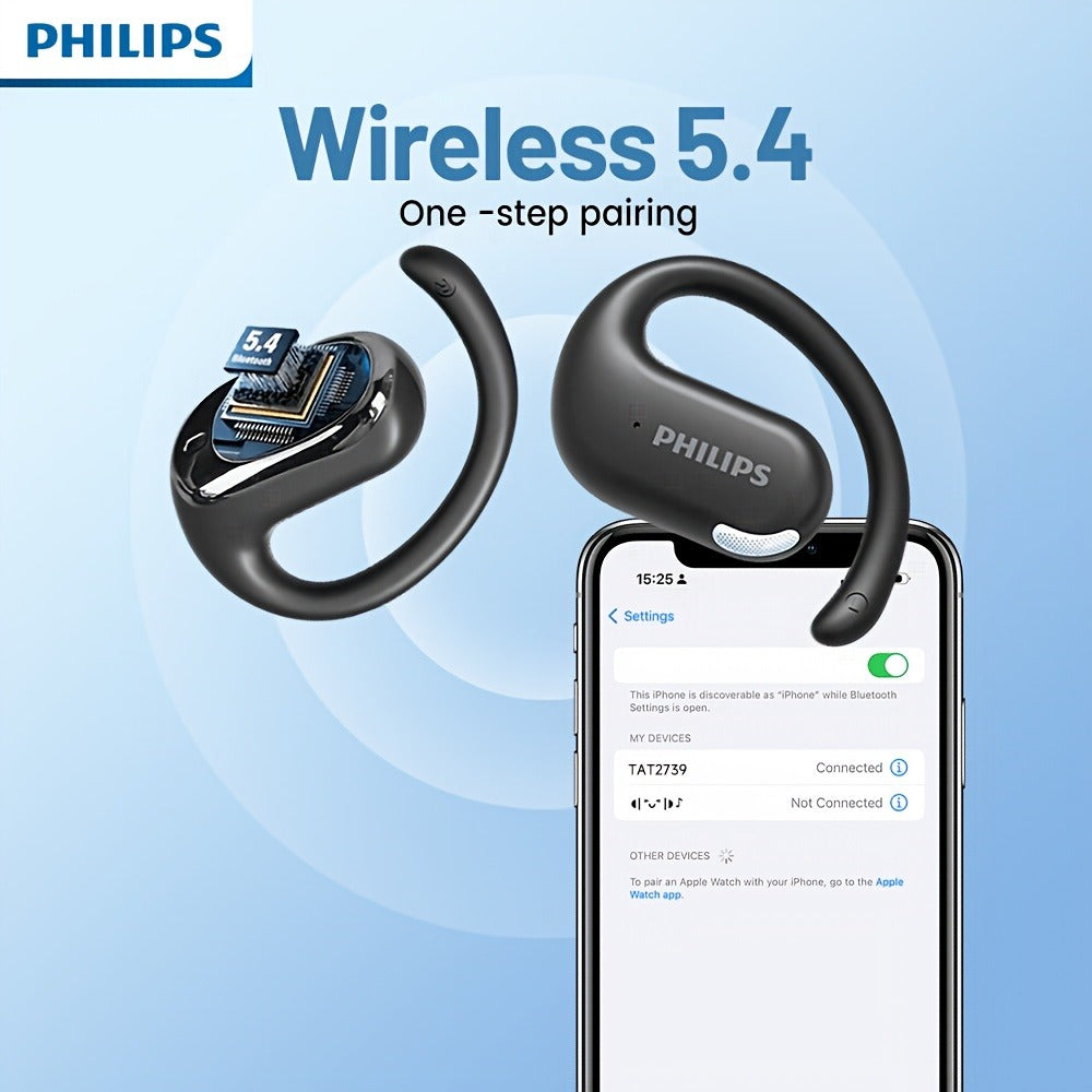 Philips TAT2739 Open Air Earbuds Wireless Bluetooth 5.3 Ear Hook Headphones with Wireless Charging Case – Non In-Ear Open-Back Design, Type-C, Tech Gift for Men Women
