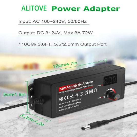 Adjustable AC to DC Power Adapter, 72W 3–24V with LCD Display and 15 Connector Tips