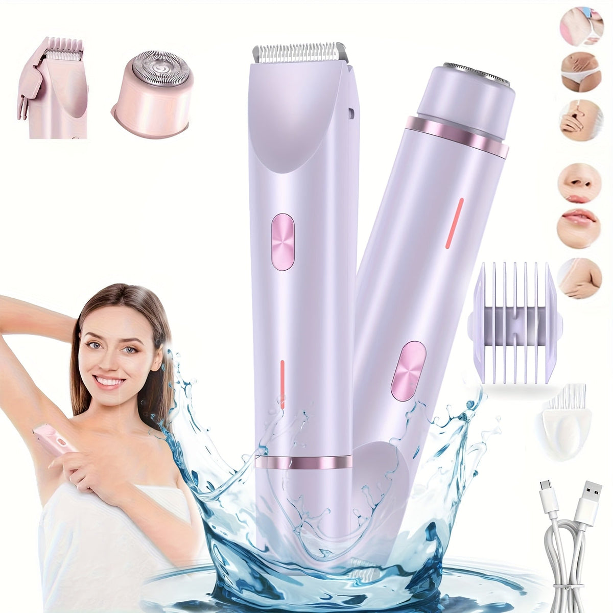 Electric Hair Removal Shaver Women 2-in-1 Dual Head USB Rechargeable - Stainless Steel Blades Cordless Epilator for Face Legs Bikini Line Underarms Intimate Areas - Pink Purple Blue