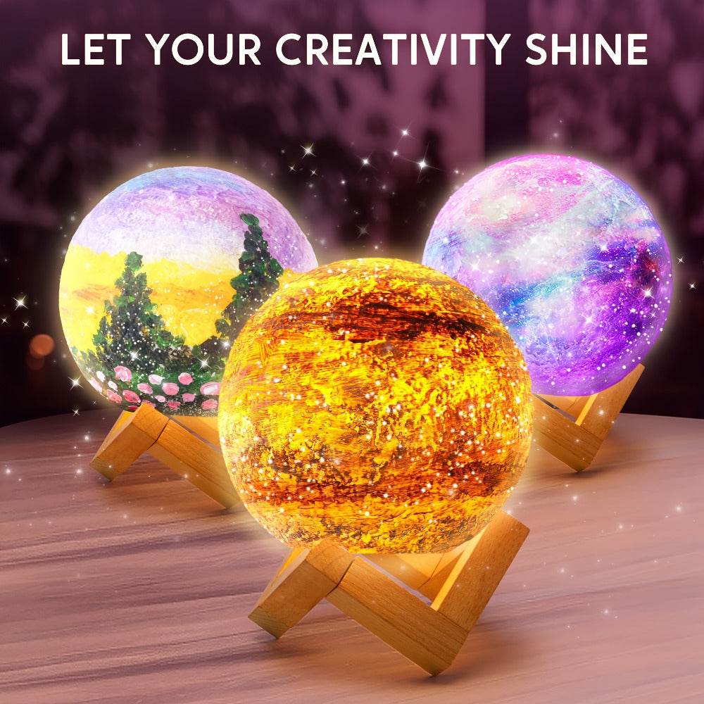 DIY Moon Lamp Craft Kit for Kids Paint Your Own 3D Moon Night Light with 12 Paints 4 Metallic Colors 2 Brushes Wooden Base Arts and Crafts Gift for Girls Boys Ages 6+ Birthday Christmas