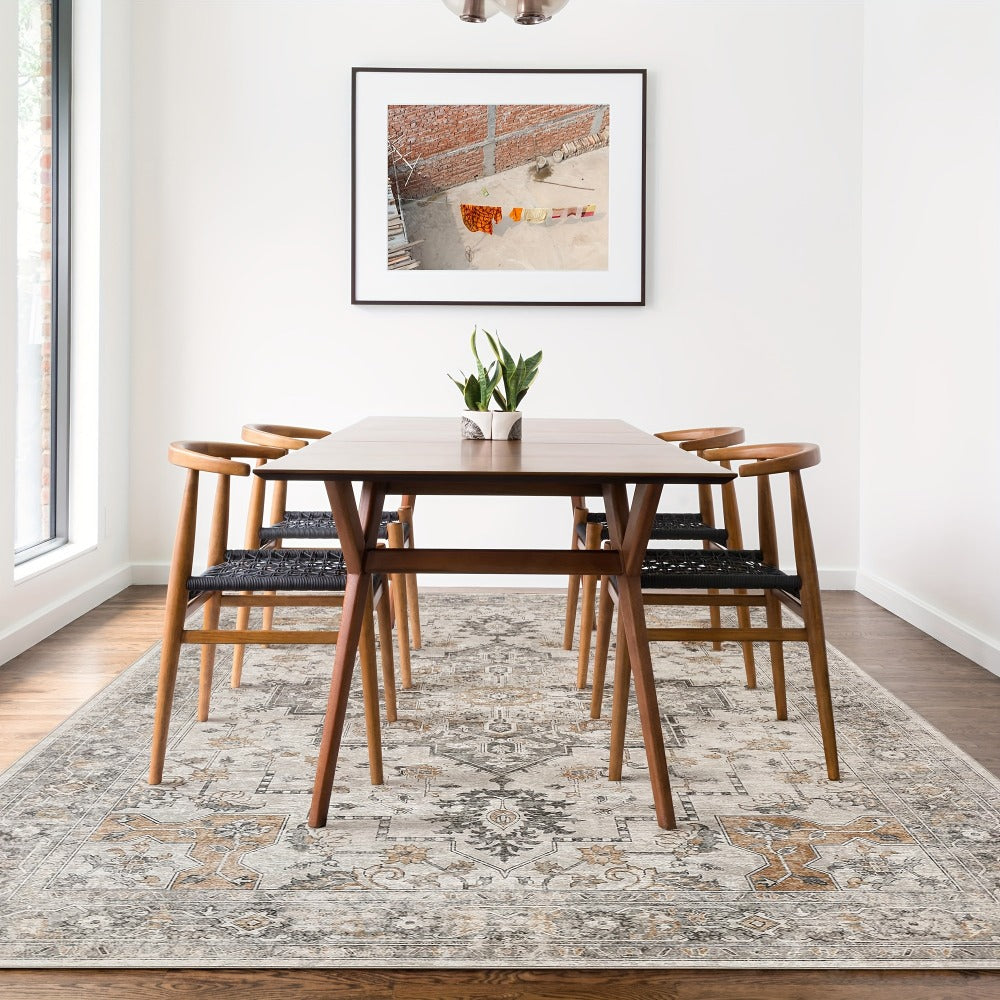 Vintage Chenille Area Rug Non-Slip Machine Washable – Retro Print Lightweight Carpet for Living Room, Bedroom, Dining Area & Home Office – Light Taupe Brown, 8 Sizes
