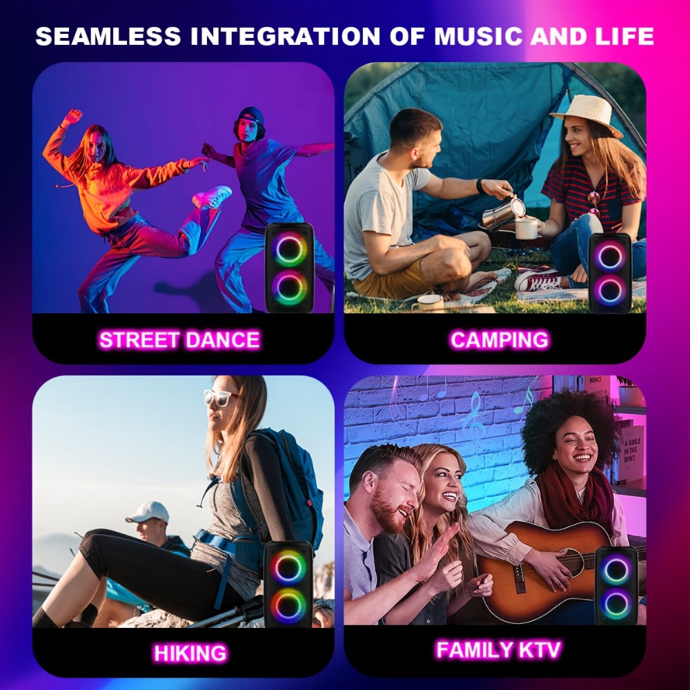 Wireless Portable Bluetooth Subwoofer Speaker with Microphone & LED Colorful Ambient Lights, Stereo Sound Enhanced Bass, USB-C Rechargeable, Perfect for Birthday Parties Outdoor Camping