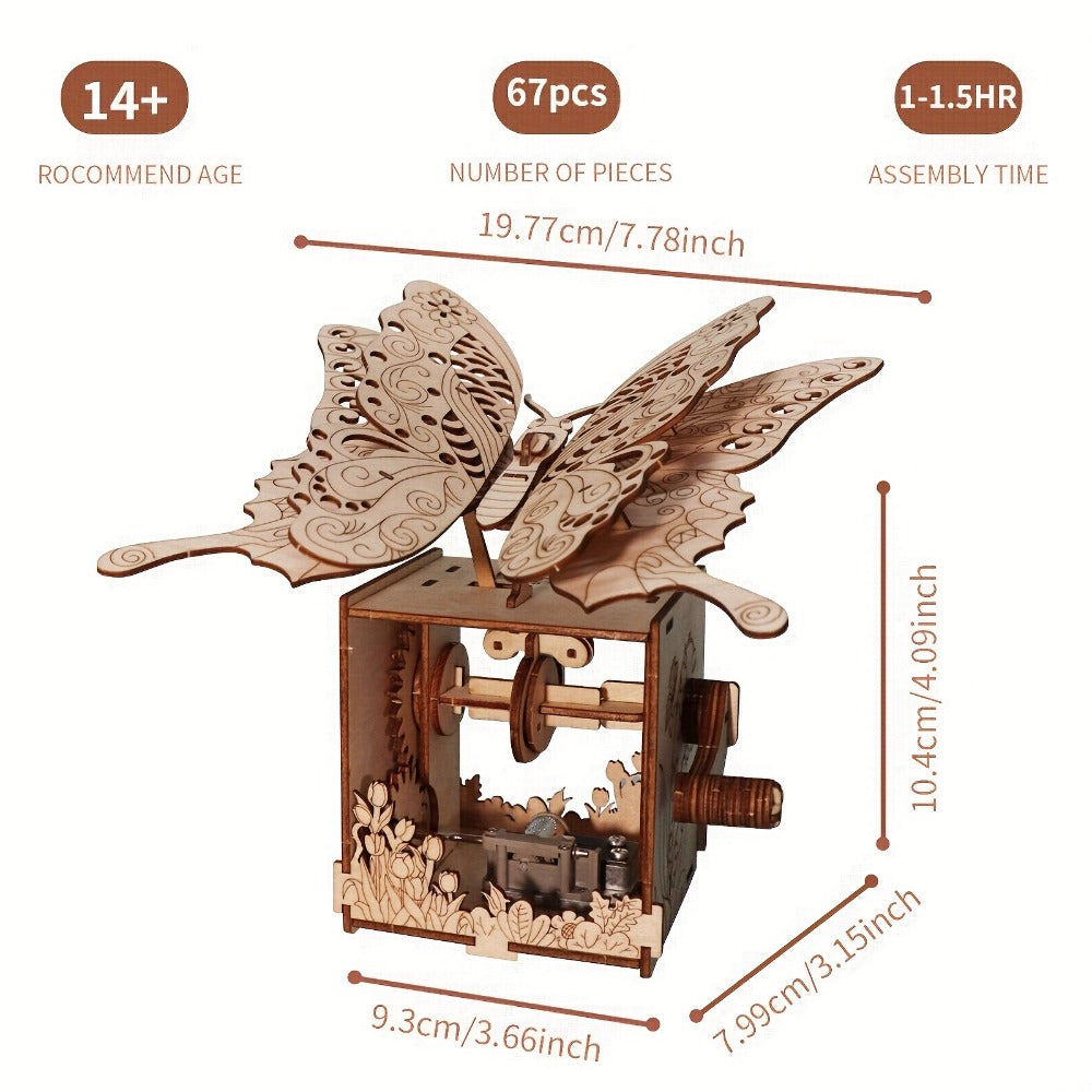 Wooden Butterfly Model Kit, Choose Color Display or Music Box Style