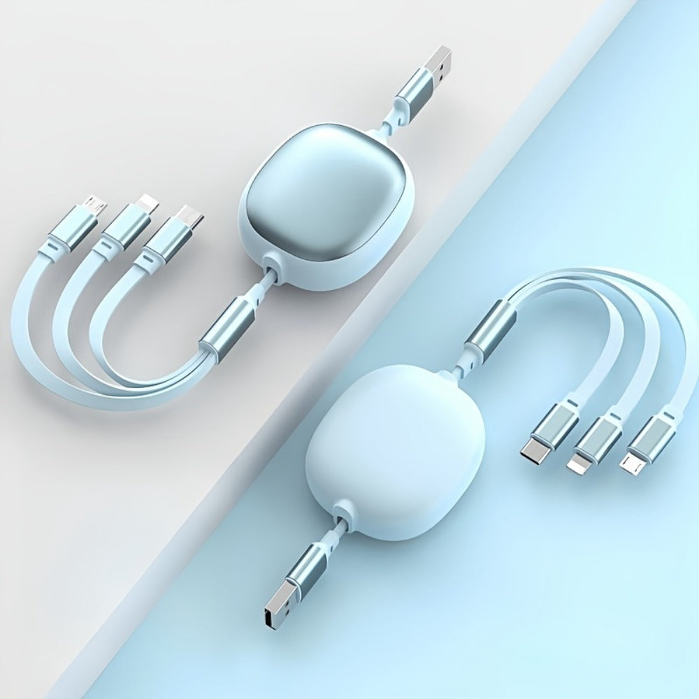 Retractable 3-in-1 Charging Cable 100W Fast Charge – USB-C Micro USB Lightning Multi Connector 1.2m 480Mbps Data Sync for iPhone 15 14 13 12 11 Samsung Galaxy Android – Tangle-Free Travel Cable 6 Colors