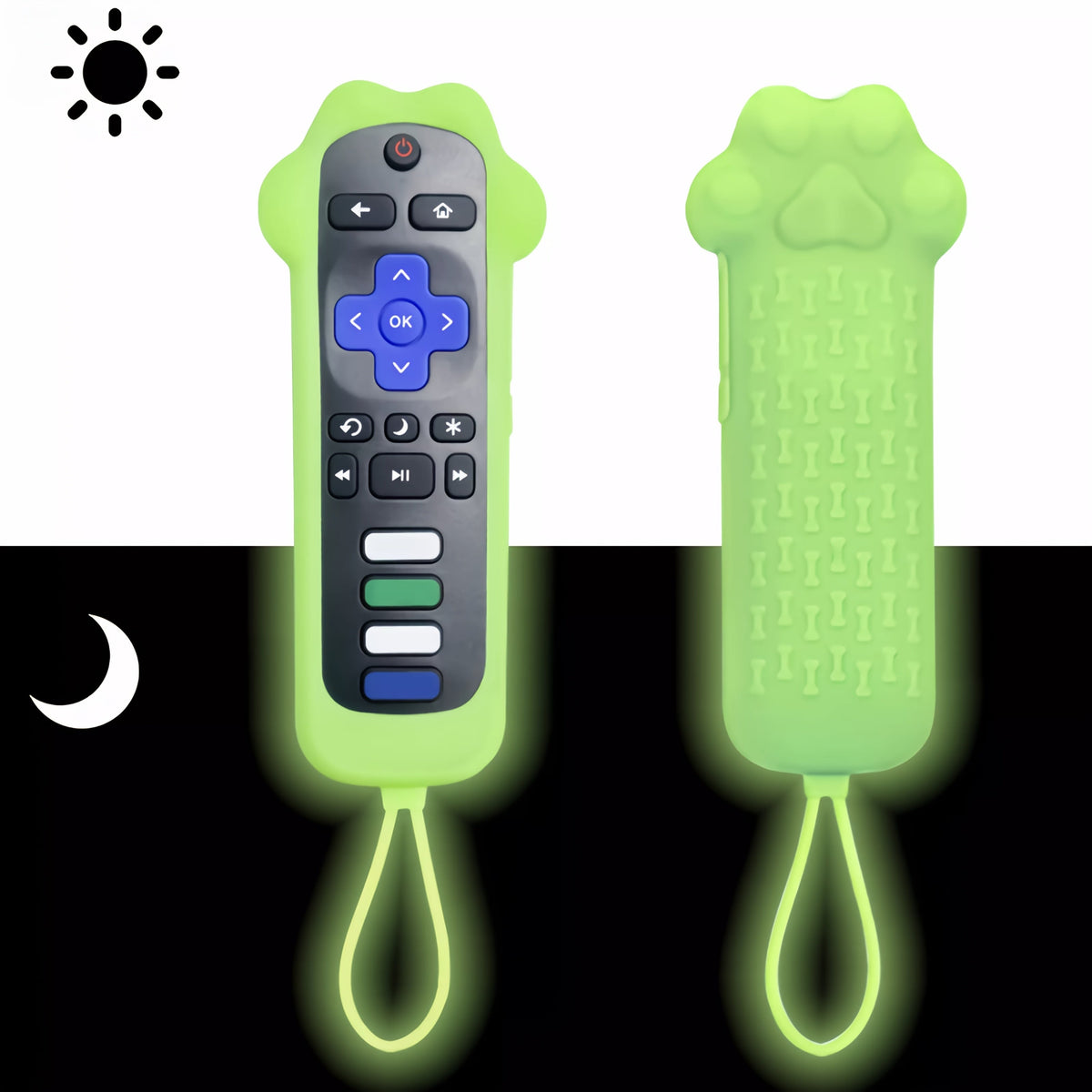 Dog Paw Silicone Remote Control Case Glow in the Dark – Cute Luminous Green Protective Cover for TCL Hisense Roku Remote, Anti-Slip Anti-Drop Soft Sleeve, Fun TV Accessory Gift for Pet Lovers Kids