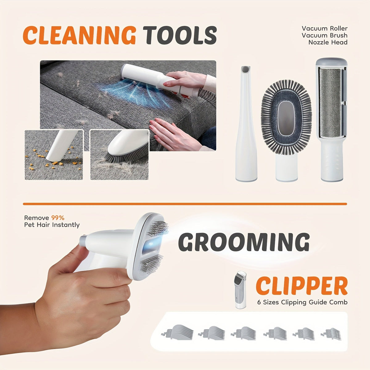 Pet Grooming Vacuum Kit 5-in-1 Professional Clippers 99% Hair Suction 6 Guide Combs Multifunctional Dog Cat Grooming Tools White Blue Grey