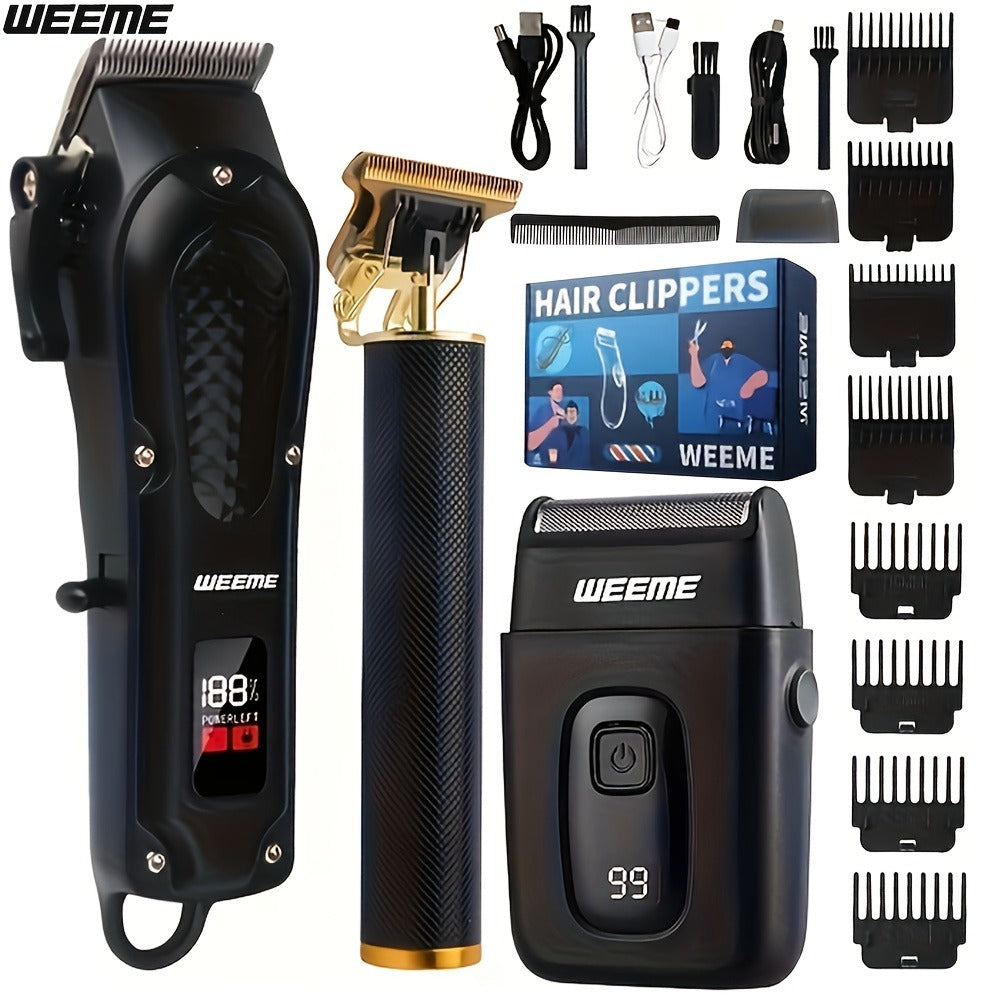 Hair Clipper Set for Men USB Rechargeable - LCD Display Cordless Trimmer, Guide Combs & Cleaning Brushes, Professional Home Haircut Kit, Gift for Men, Golden Blue Silver