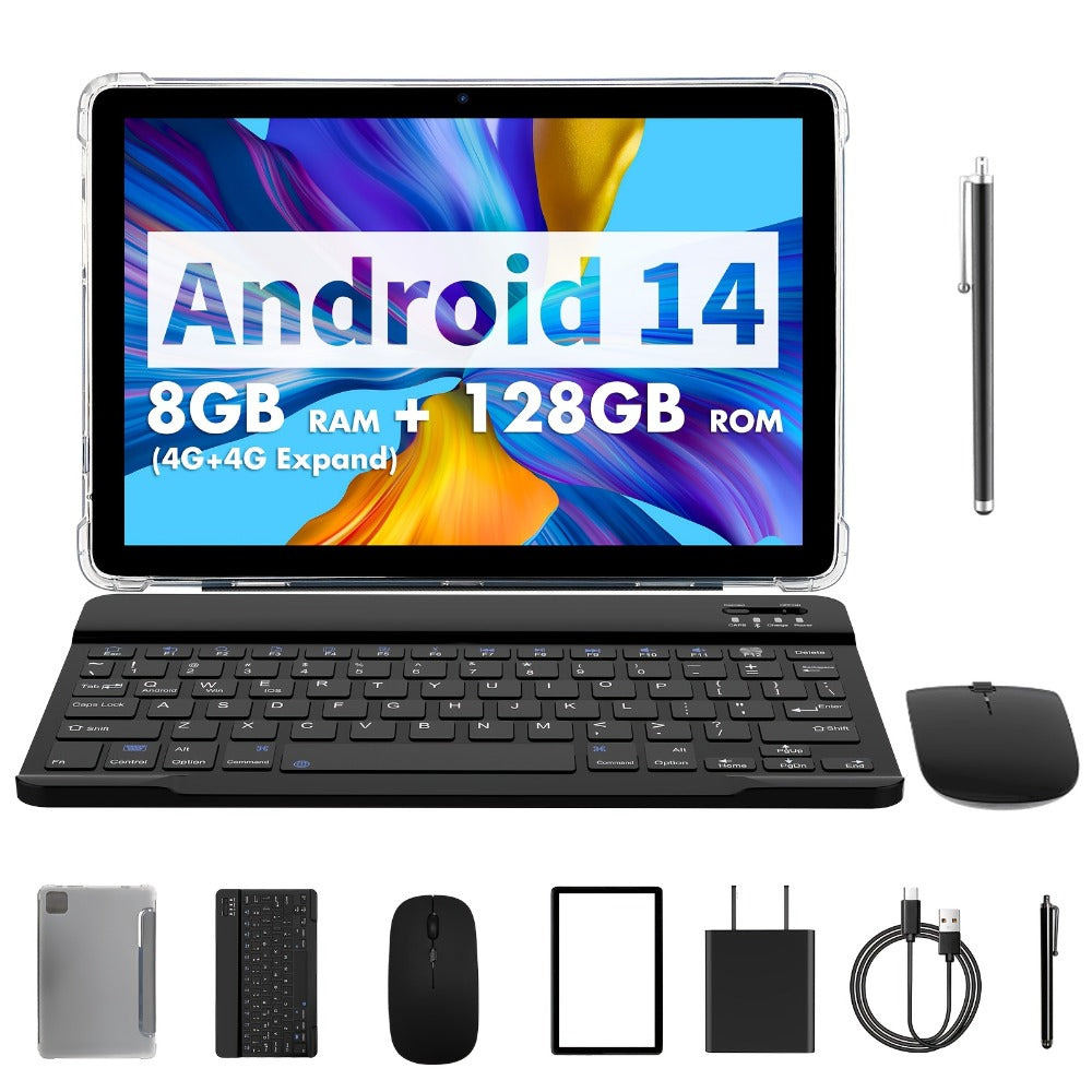 PRITOM 10.1 Inch 2-in-1 Android 14 Tablet with Keyboard Mouse Stylus Case – 8-Core, 4GB RAM 128GB ROM, 8MP Dual Camera, 8000mAh Battery, IPS HD Display, WiFi Tablet PC Black
