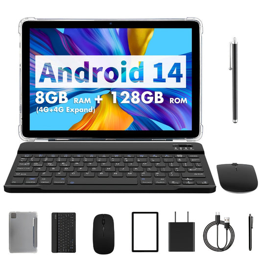 PRITOM 10.1 Inch 2-in-1 Android 14 Tablet with Keyboard Mouse Stylus Case – 8-Core, 4GB RAM 128GB ROM, 8MP Dual Camera, 8000mAh Battery, IPS HD Display, WiFi Tablet PC Black