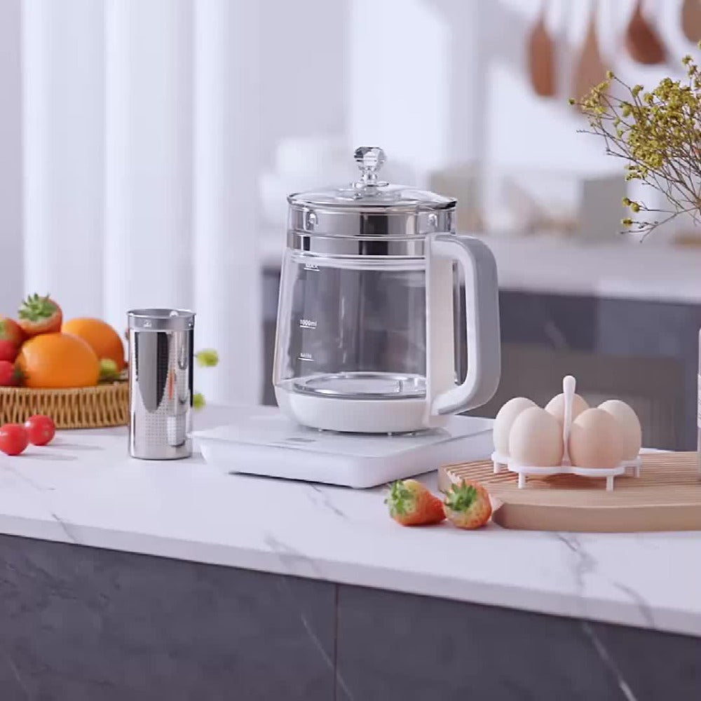 Electric Health Pot Smart Kettle 1.8L Thickened Glass 18 Smart Functions Removable Filter Multi-Functional for Tea Herbal Brewing Camping Home US Plug White