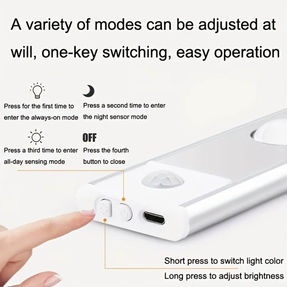 LED Sensor Strip Light USB Rechargeable – 3-Color Dimmable Motion Sensing Wireless Night Light for Kitchen, Wardrobe, Cabinet, Shoe Cabinet & Bedroom (20cm / 30cm / 40cm / 50cm)