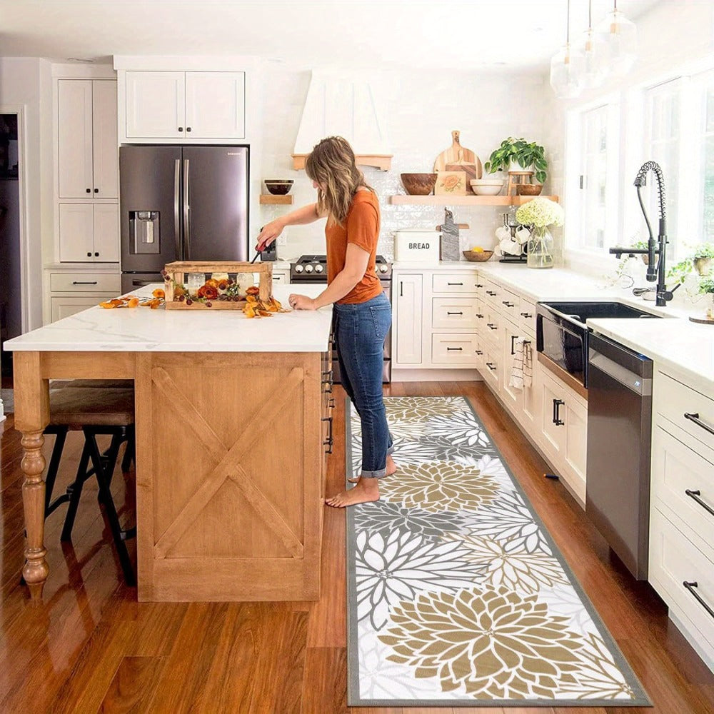 Floral Medallion Runner Rug Non-Slip Machine Washable – Low-Profile Hallway Carpet for Entryway, Laundry Room & Bathroom – Brown & Grey, 2x6, 2x8, 2x10 Ft