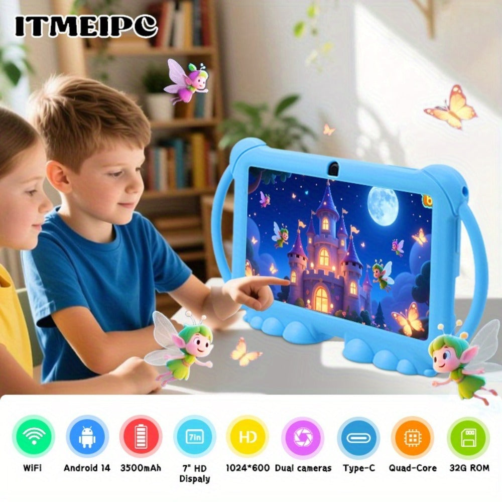 Kids Tablet 7 Inch Android 14 WiFi 6 4GB RAM 32GB ROM Dual Camera Parental Control Pre-installed Learning Apps HD Screen Protective Case Type-C Charging for Children Learning Entertainment