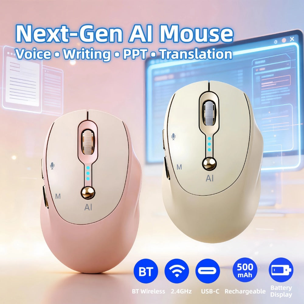AI Wireless Mouse Voice to Text Real-Time Translation PPT Creation T-WOLF Silent Rechargeable Bluetooth 2.4G Dual Mode Battery Display Laptop PC Mac Windows Android Yellow Pink