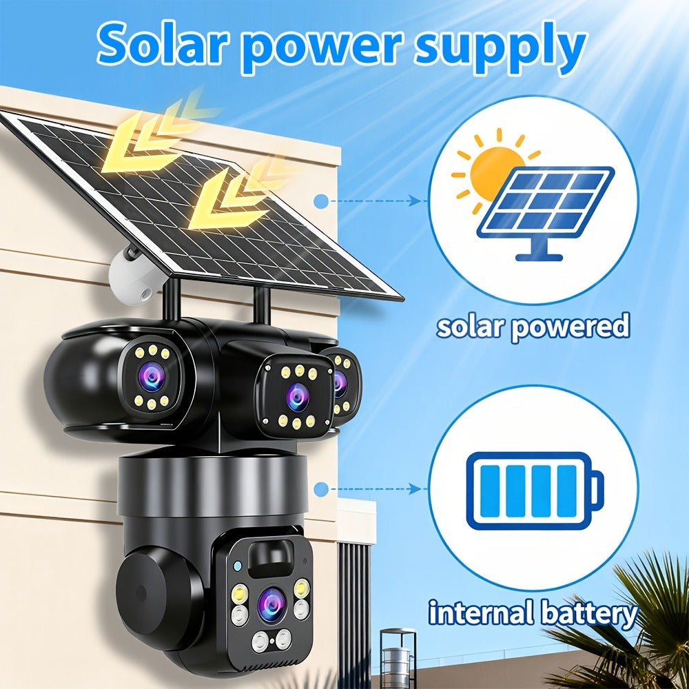 4K Solar Powered Outdoor Security Camera PTZ 360° Triple Lens Panoramic 10X Zoom 8000mAh Battery WiFi AI Human Detection Color Night Vision Two-Way Audio Driveway Farm
