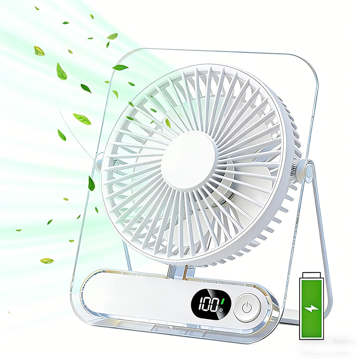 Desk Fan Portable USB Rechargeable 3000mAh Battery 5-Speed Adjustable 180 Degree Foldable Ultra Quiet Digital Display Acrylic for Home Office Travel Lightweight Cooling Fan
