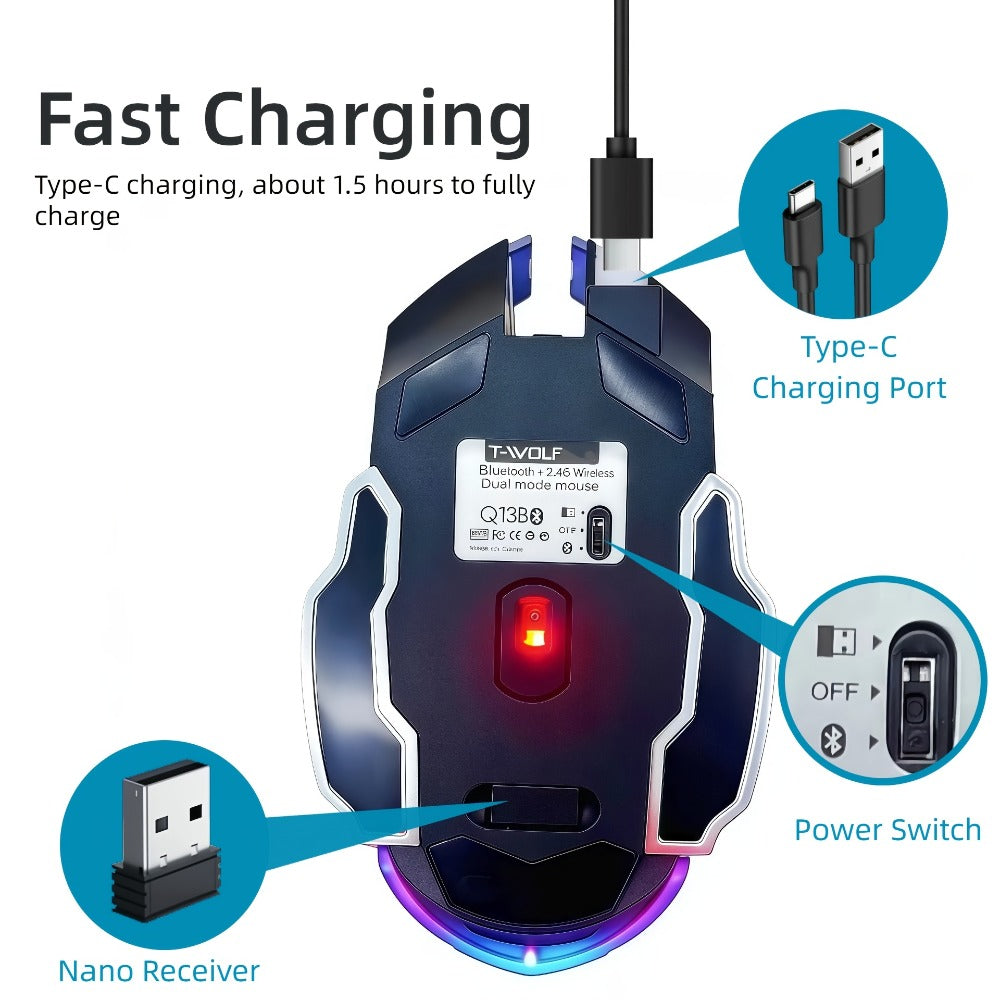 Bluetooth 5.0 2.4G Dual Mode Wireless RGB Gaming Mouse Silent 6 Button Ergonomic USB-C Rechargeable Breathing Light for PC Laptop Mac Tablet Office Gaming Tech Black Star Black White Gray