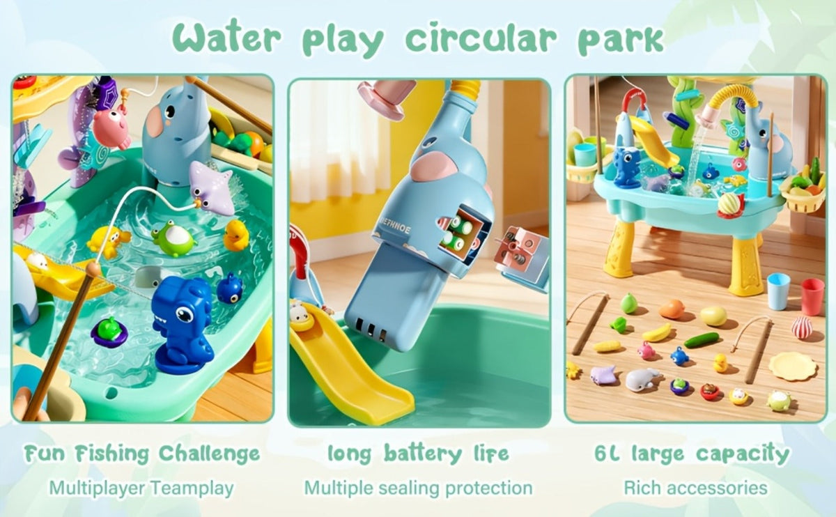 Kids Water Table Toy with Electric Pump & Faucet, Play Food & Fishing Toy in Blue or Pink