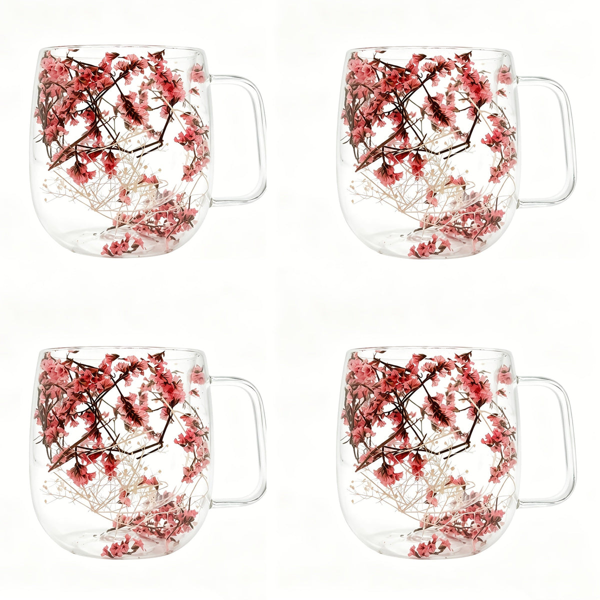 Double Wall Glass Coffee Cups with Handle Set of 4 – Borosilicate Thermal Mugs for Latte Cappuccino Tea | Dried Flower & Petal Design Transparent Drinkware for Office Home Gifts