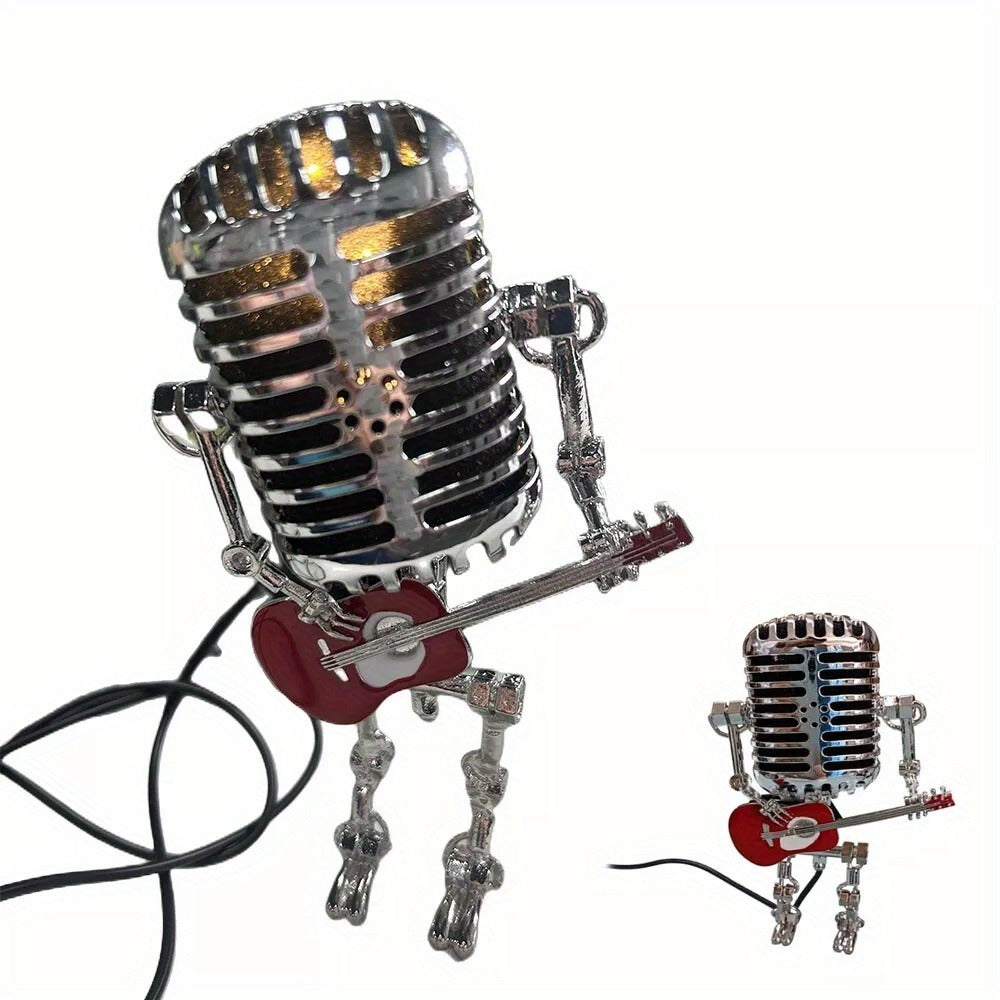Vintage Microphone Robot Guitar Lamp USB Powered – Retro Decorative Night Light for Music Lovers, Guitar Players, Home, Bar & Office Desk Decor (Red / Yellow)