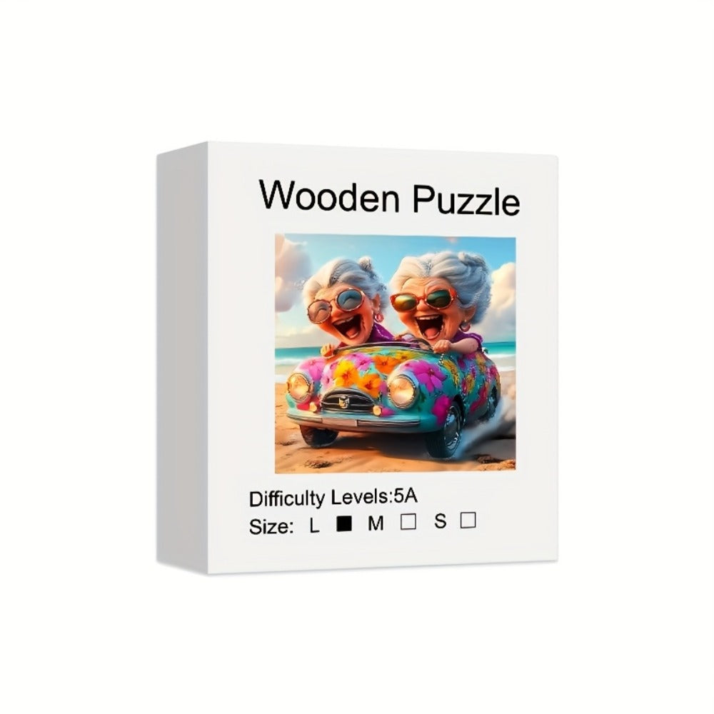 Wooden Jigsaw Puzzle, Happy Old Lady Artwork with Irregular Pieces in S and L