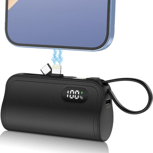 6000mAh 3-in-1 Mini Power Bank with Built-In USB-C & Lightning Cables, 22.5W Fast Charging Portable Charger LCD Display & Phone Stand, Compatible with iPhone Android USB-C Devices – Light Pink Black 2026